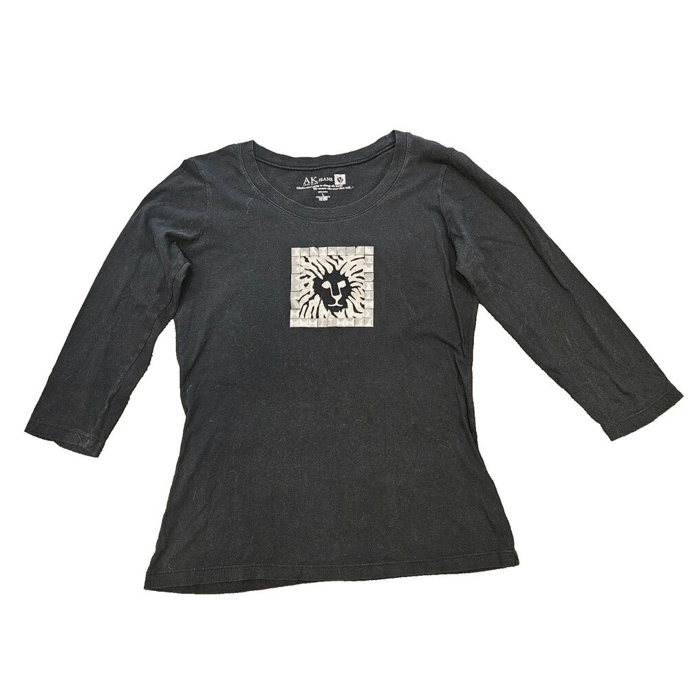 Anne Klein Jeans Top Sz L Black Square Graphic Lion Head Logo Silver Stud Detail